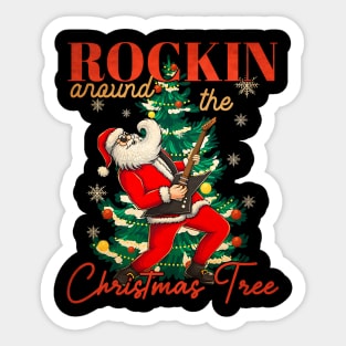 Rocking Around The Christmas Tree Santa Rock and Roll Guitar Sticker